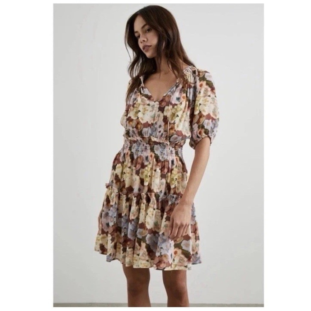 Rails Fiorella Tie Neck Smocked Mini‎ Dress in Painted Floral Size Large